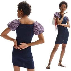 Maeve by Anthropologie Plaid Puff Sleeve Mini Ribbed Sweater Dress Size Small